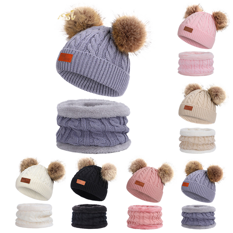 Pompon Baby Hat Scarf Set Warm Knitted Winter Hat for Kids Two-piece Suit Baby Beanie Cap for Girls Boys