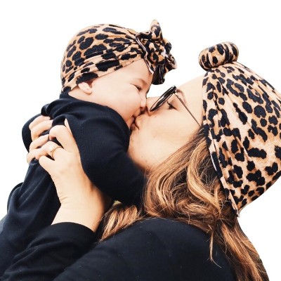 Newborn Infant Baby Girl Boy and Mom Turban Hat Bows Flower Head Wrap Leopard India Hat Cotton Hat Parent-child Suit Beanie